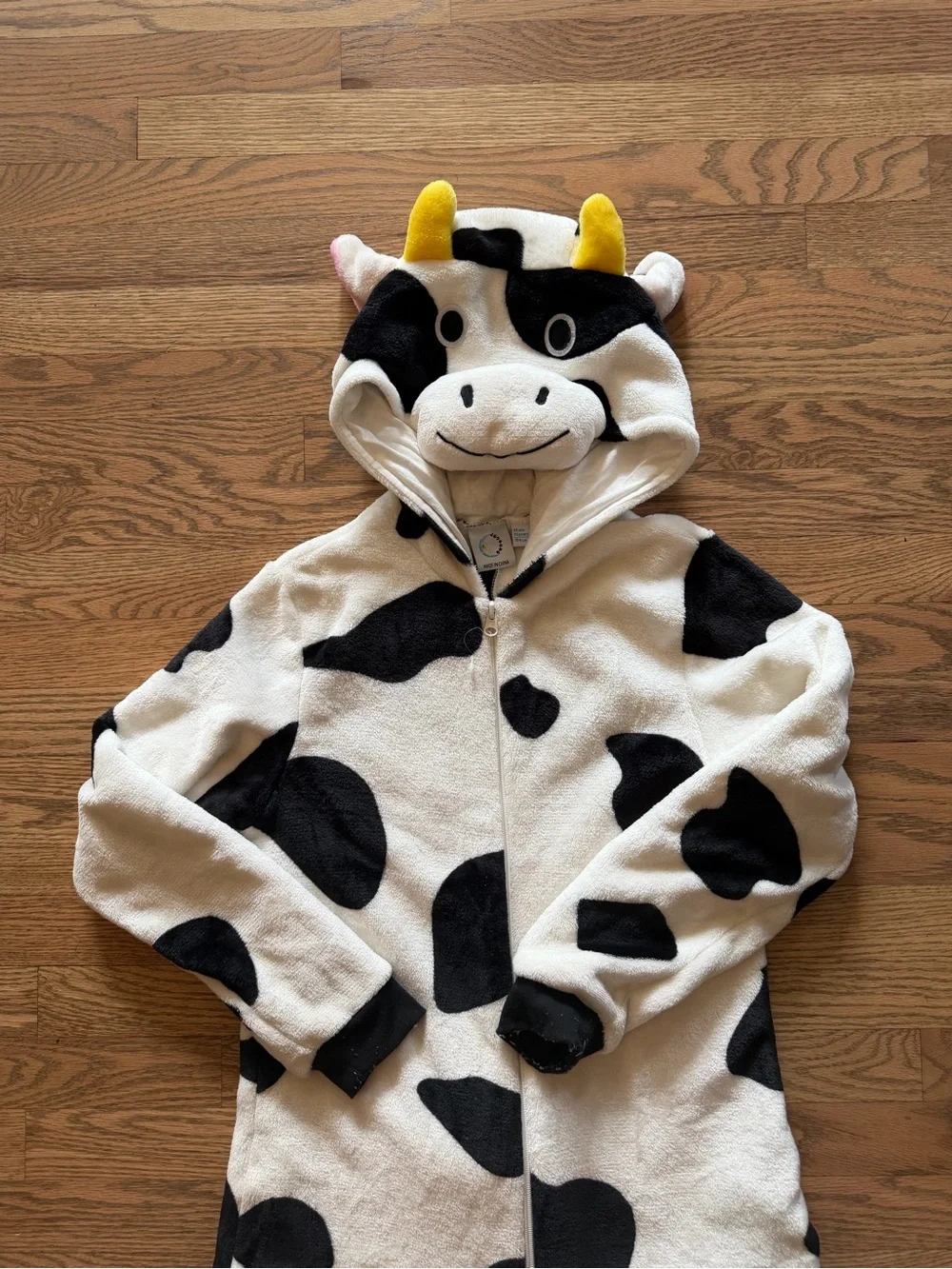 Cow Plush Hooded Onesie - Black & White with Yellow Horns